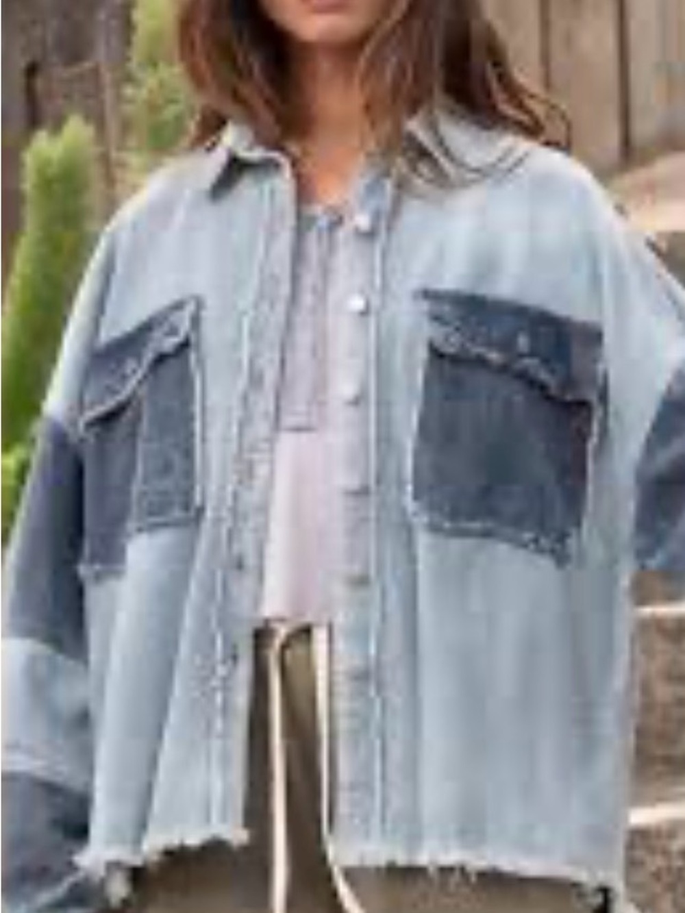 POL Light Blue Patchwork Denim Jacket with Dark Blue Pockets